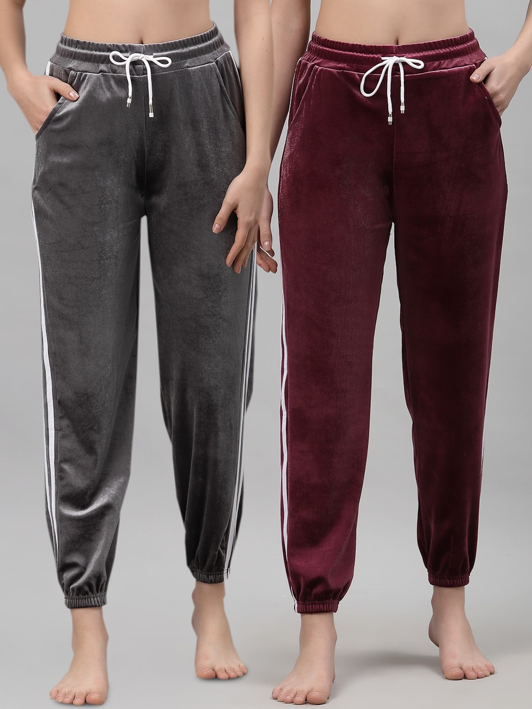

NEUDIS Women Pack Of 2 Grey & Burgundy Solid Lounge Pants