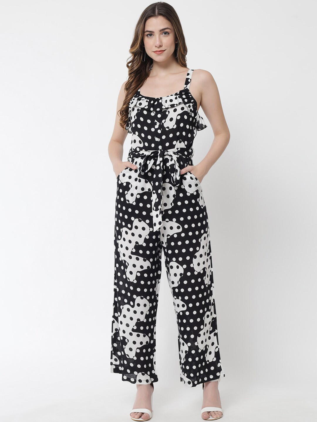 

The Dry State Black & White Polka Dots Printed Cotton Basic Jumpsuit