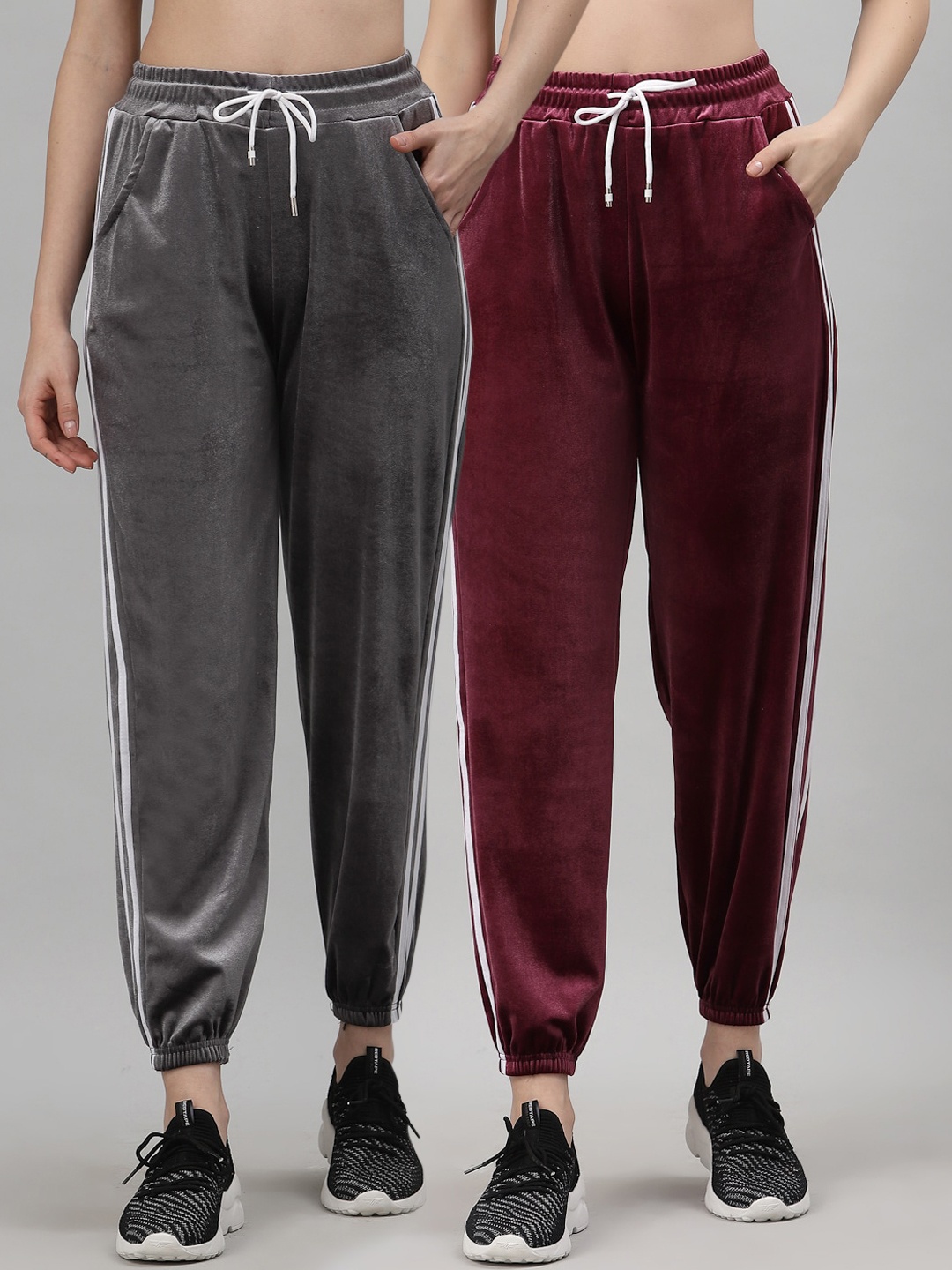 

NEUDIS Women Pack Of 2 Grey & Burgundy Solid Velvet Joggers