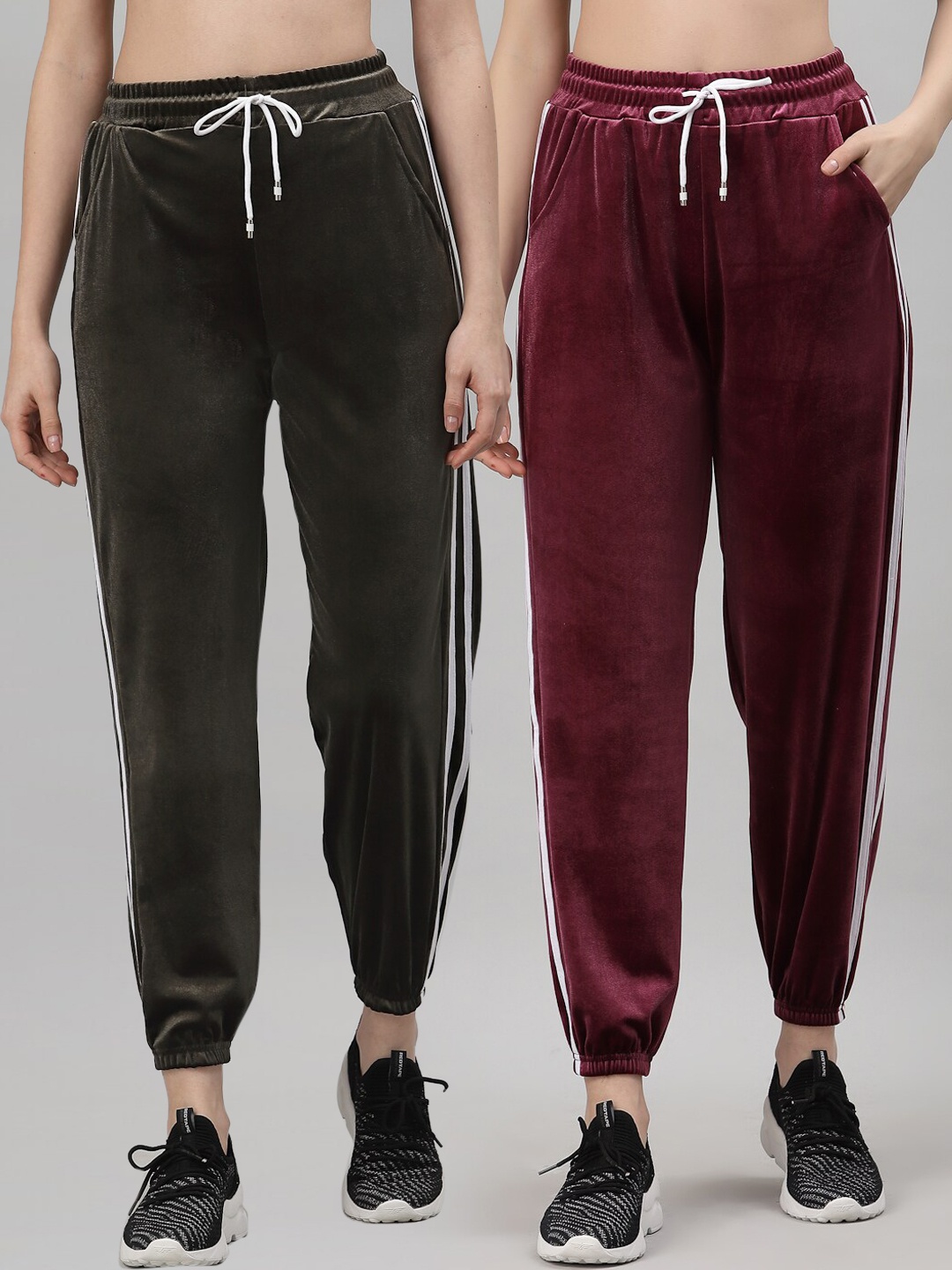 

NEUDIS Women Pack Of 2 Olive and Maroon Solid Joggers