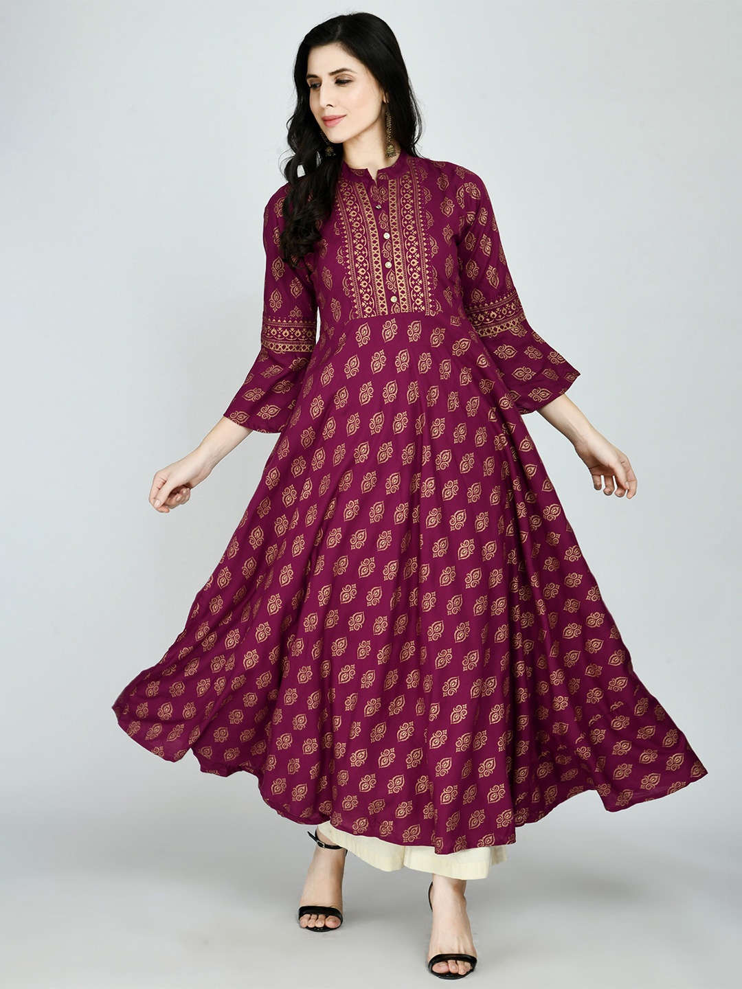 

KALINI Women Purple Ethnic Motifs Printed Bell Sleeves Anarkali Kurta
