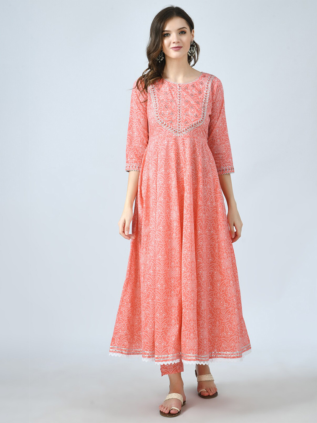 

KALINI Women Peach-Coloured Bandhani Printed Gotta Patti Anarkali Kurta