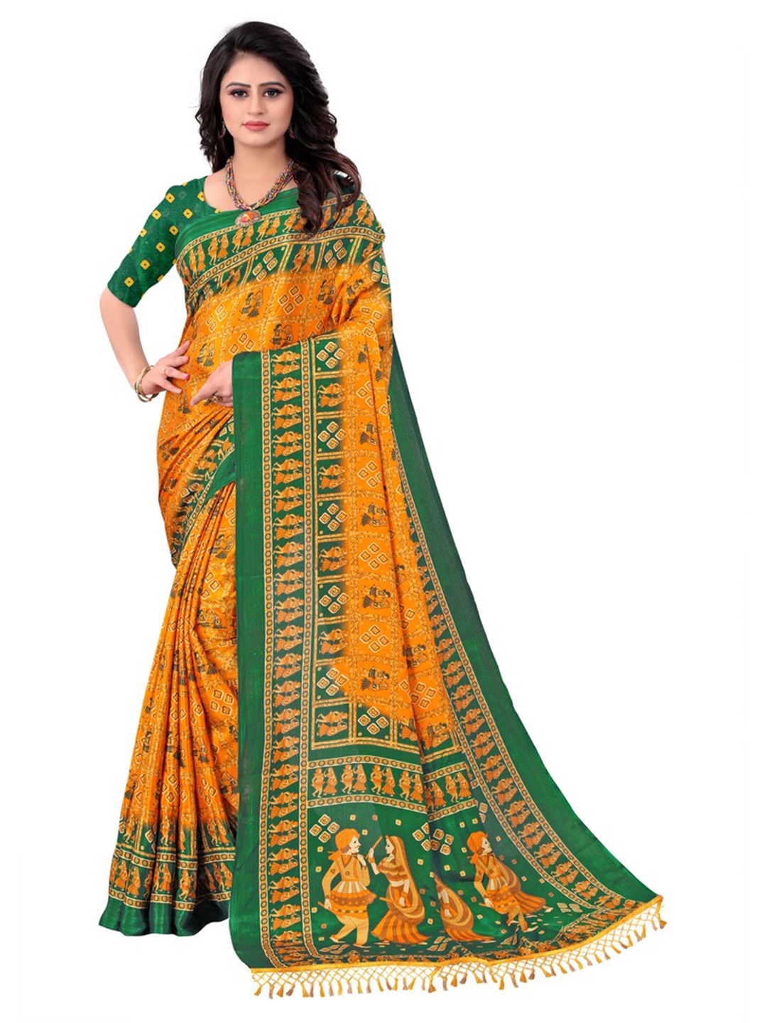 

LAHEJA Yellow & Green Ethnic Motifs Turkey Silk Saree