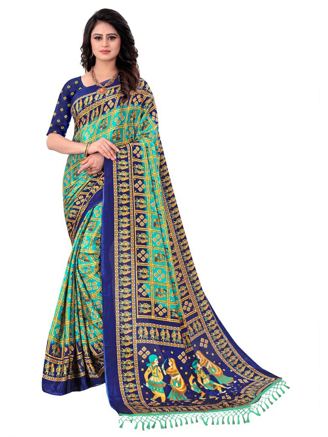 

LAHEJA Sea Green & Blue Ethnic Motifs Pure Silk Saree