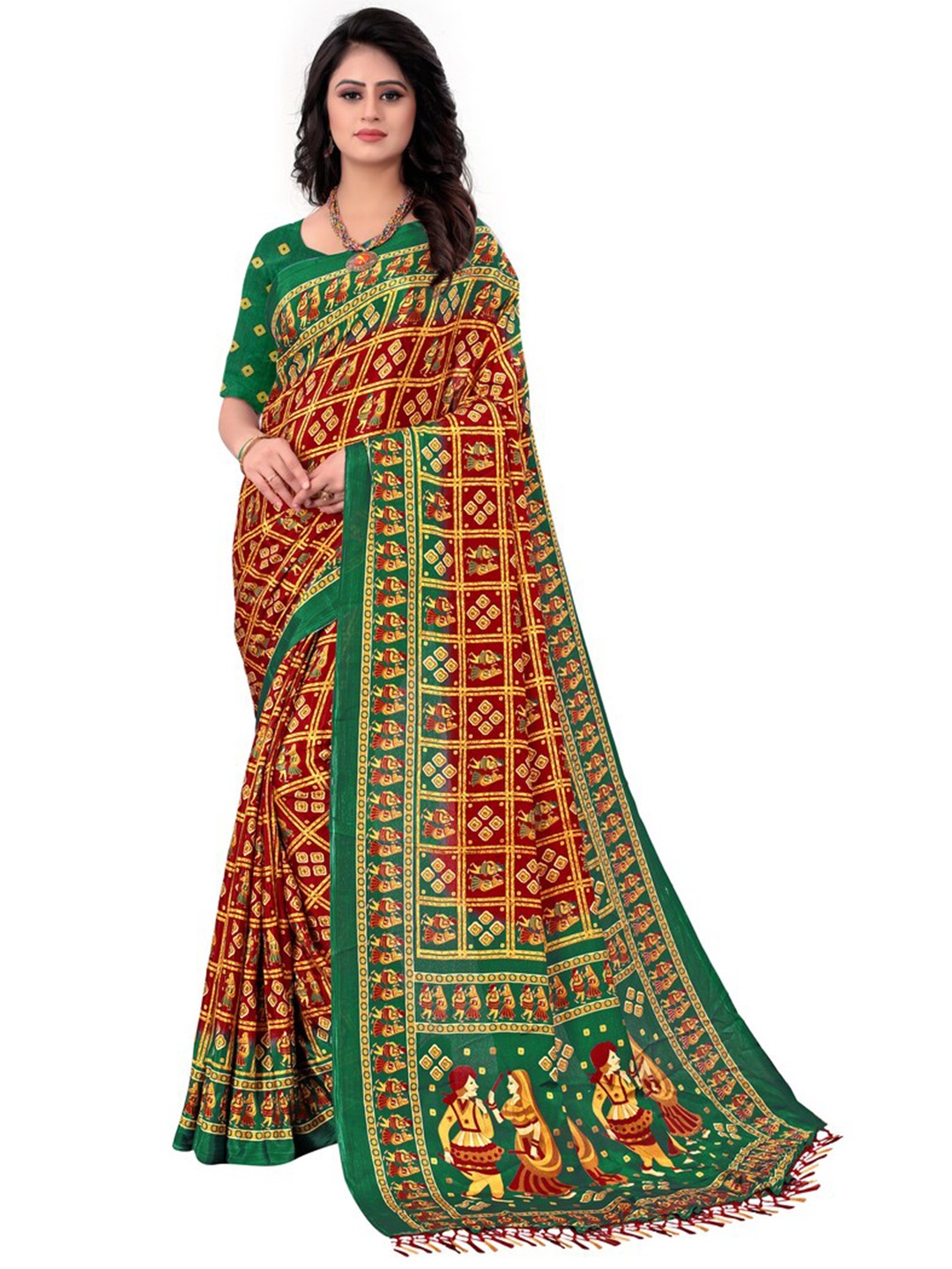 

LAHEJA Red & Green Ethnic Motifs Pure Silk Saree