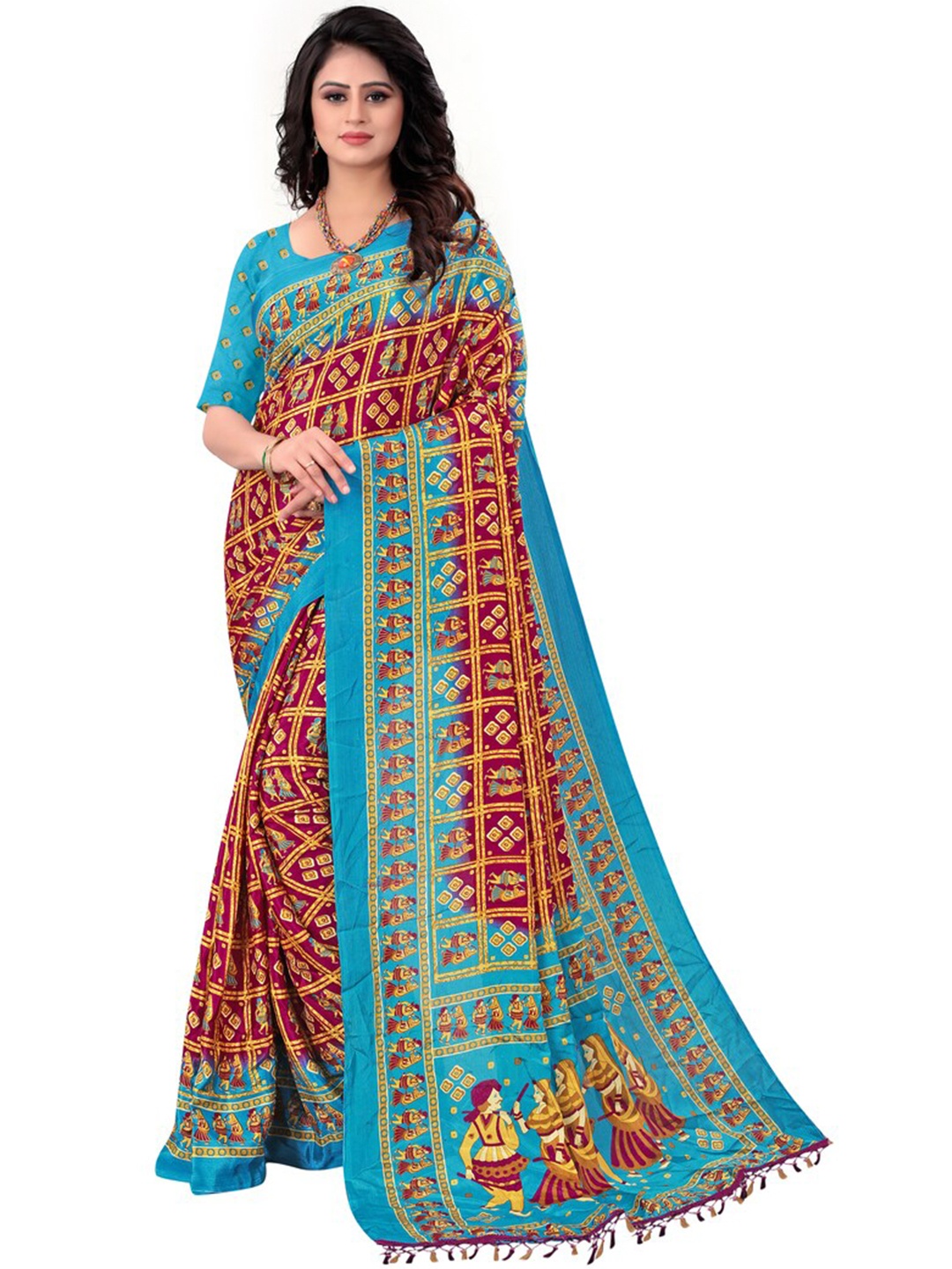 

LAHEJA Maroon & Blue Bandhani Turkey Silk Saree