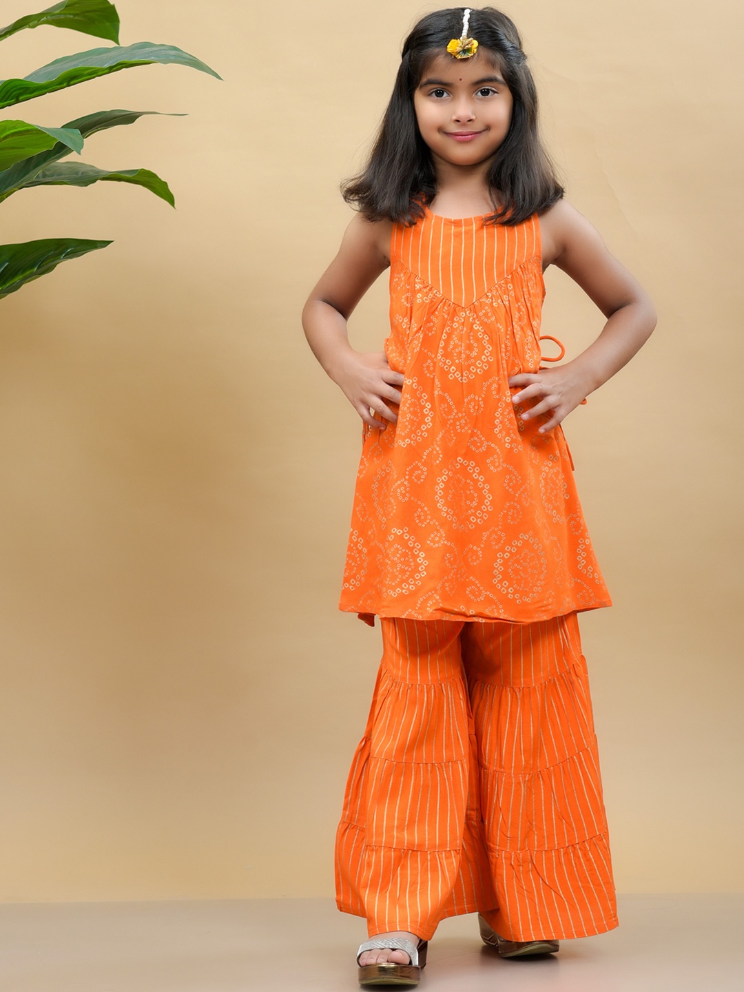 

misbis Girls Orange Printed Kurta with Sharara