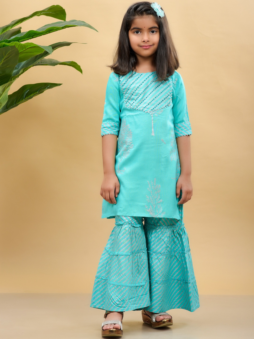 

misbis Girls Turquoise Blue Ethnic Motifs Printed Gotta Patti Kurta with Sharara