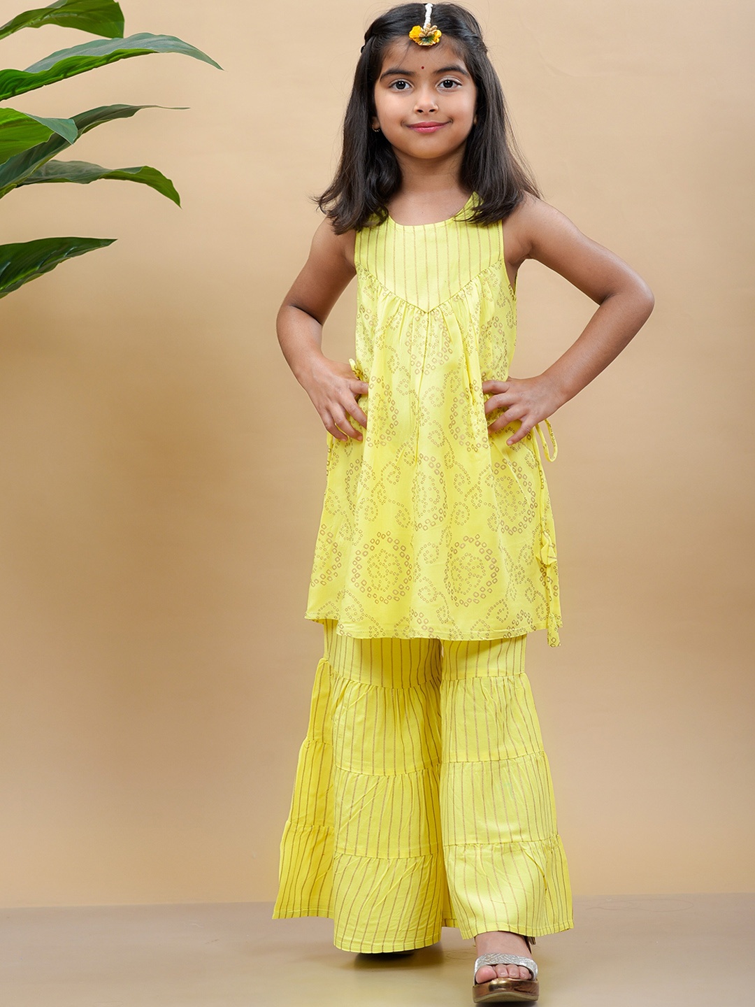 

misbis Girls Yellow Bandhani Printed Kurti with Sharara