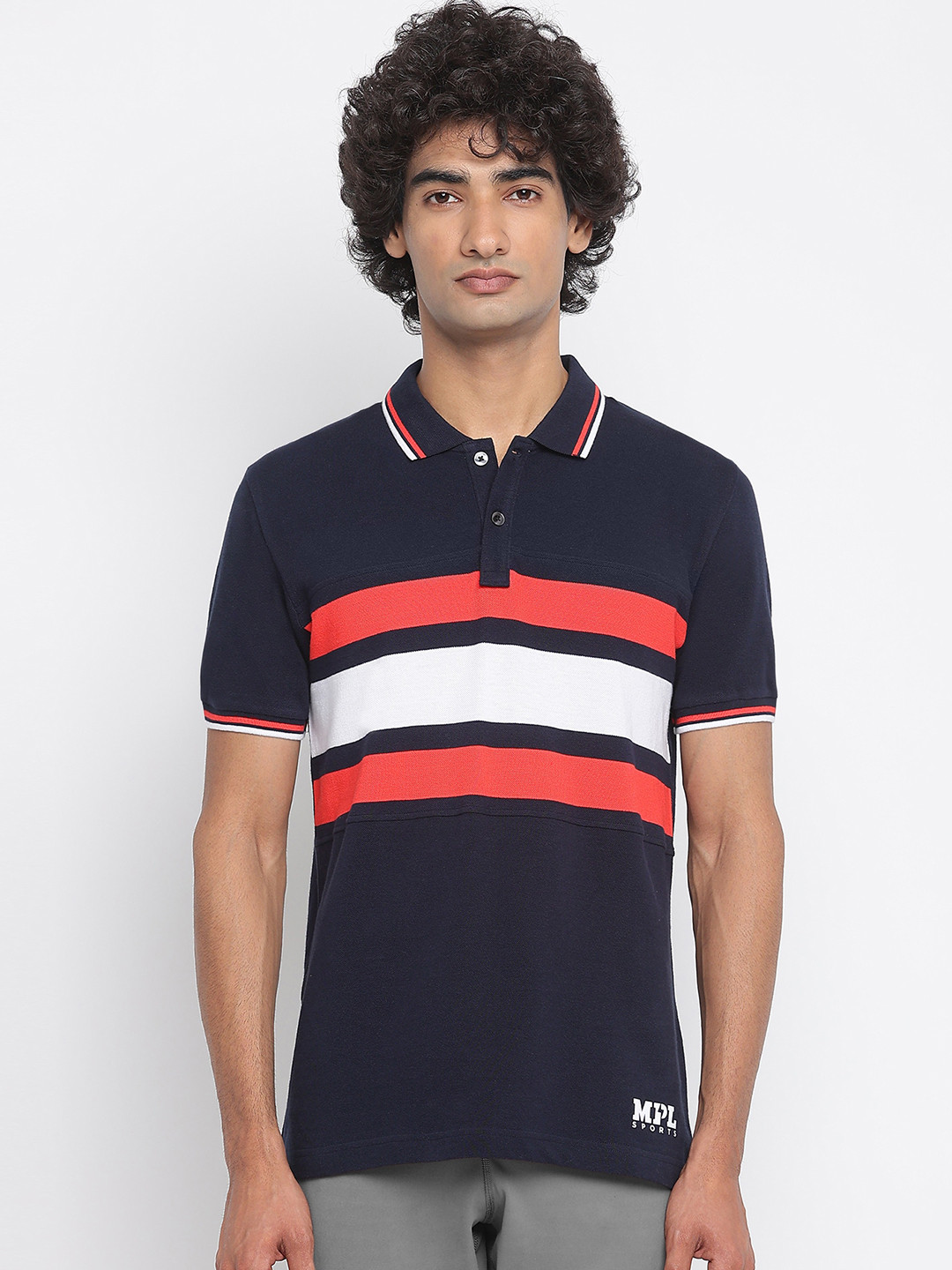 

MPL SPORTS Men Navy Blue & White Striped Polo Collar Cotton T-shirt