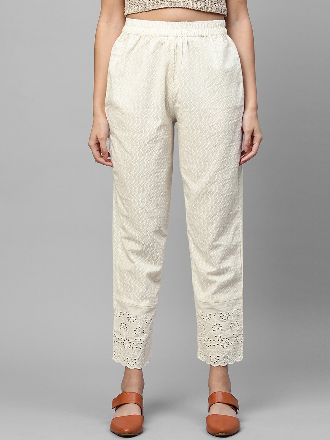 

FASHOR Women Off White Floral Embroidered Ankle Trousers