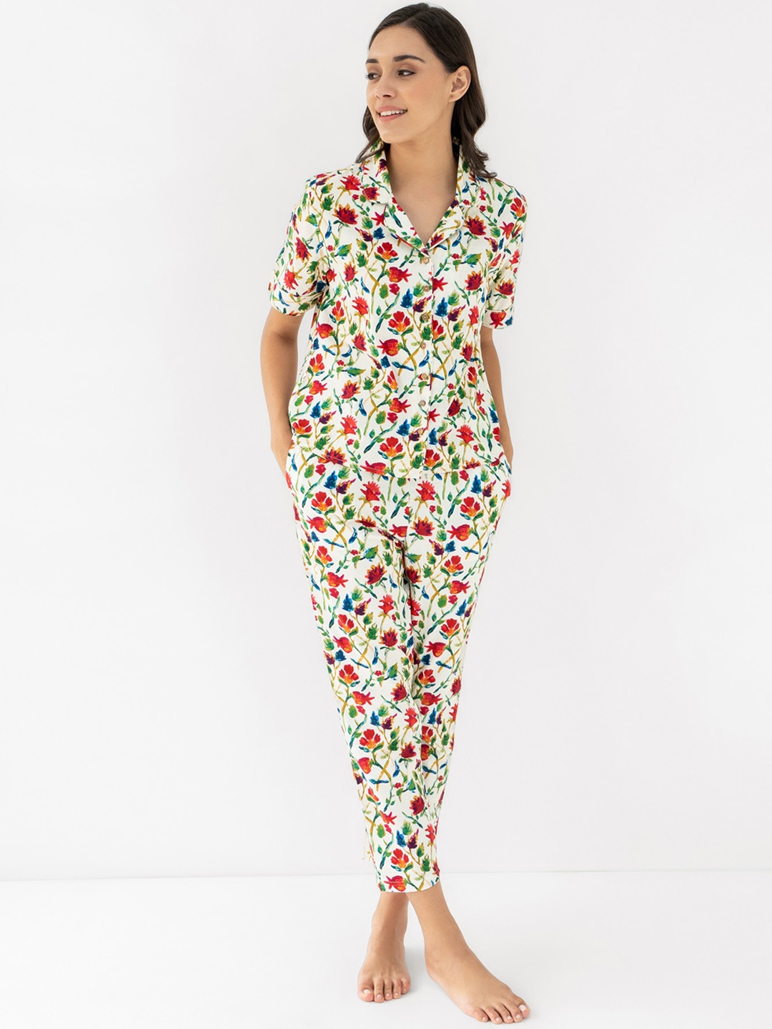 

CLOSETHOOK Women Off White & Red Printed Pure Cotton Night suit