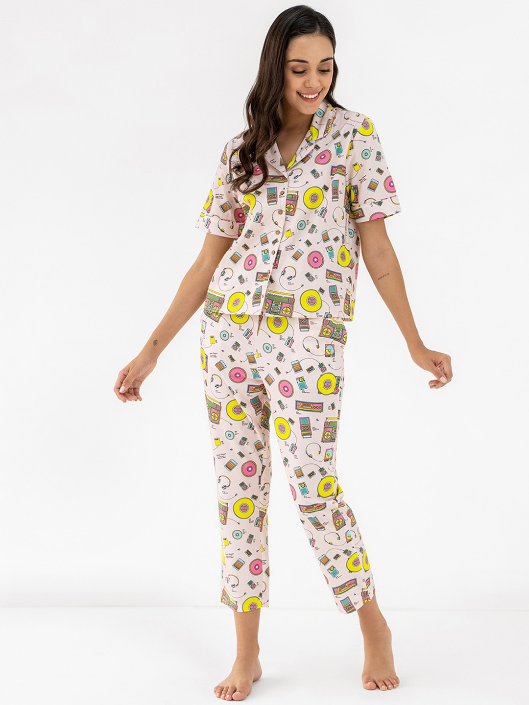 

CLOSETHOOK Pink & White Printed Pure Cotton Night Suit