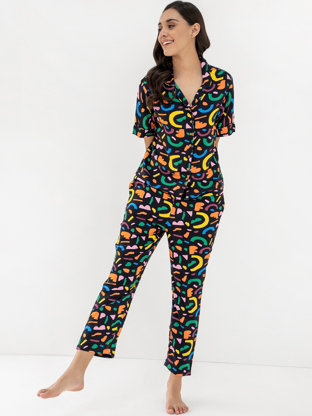 

CLOSETHOOK Women Black & Blue Printed Night suit