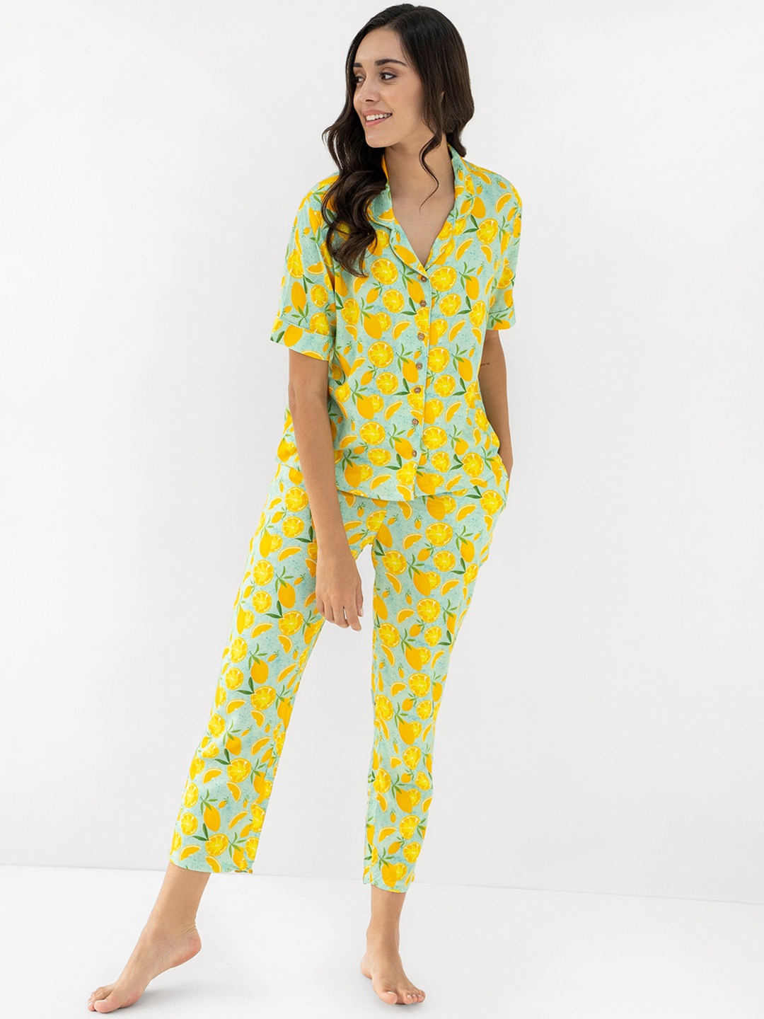 

CLOSETHOOK Women Sea Green & Yellow Printed Night suit
