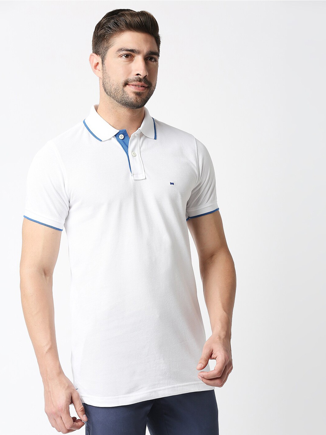 

Basics Men White Solid Polo Collar Slim Fit Cotton T-shirt