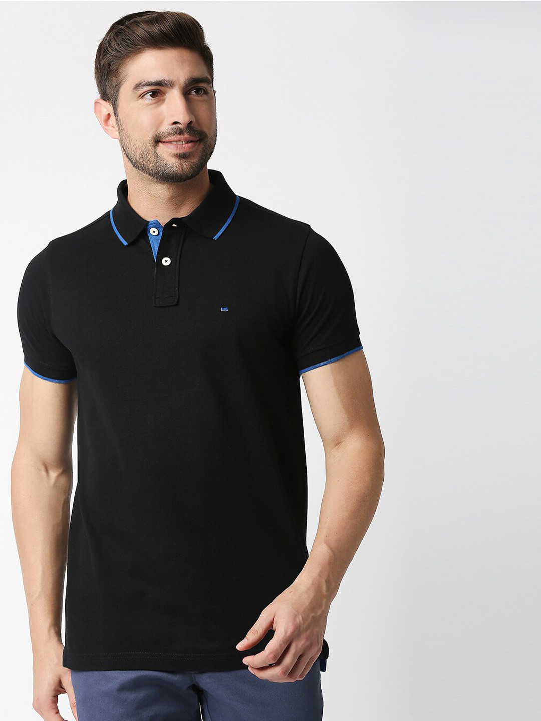 

Basics Men Black Solid Polo Collar Slim Fit T-shirt