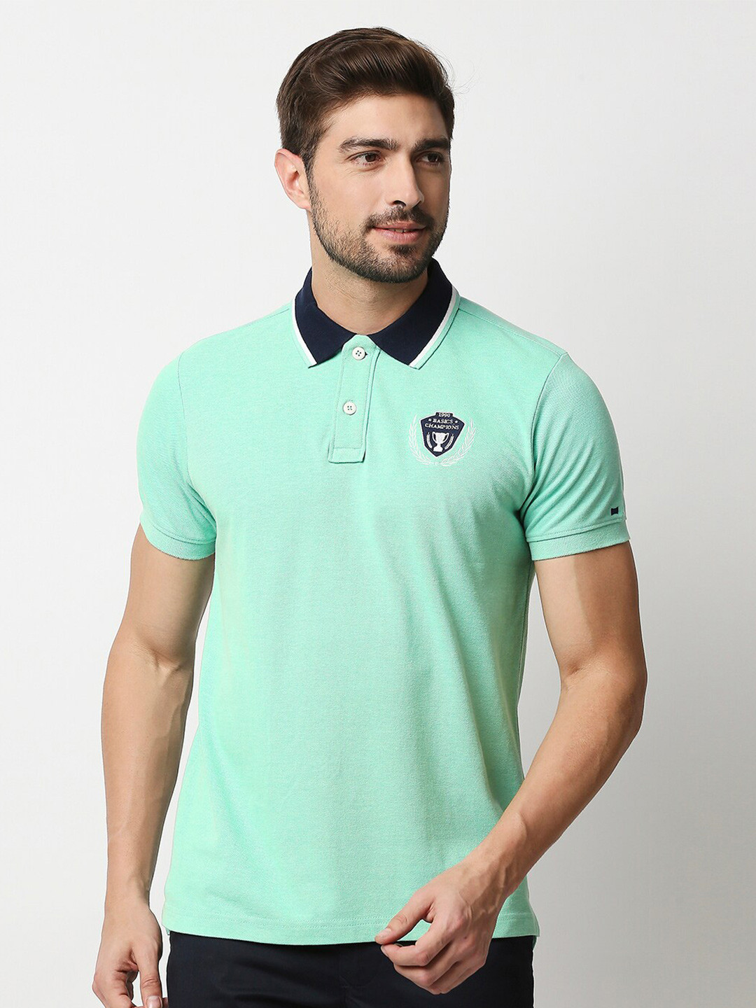 

Basics Men Sea Green Polo Collar Slim Fit T-shirt