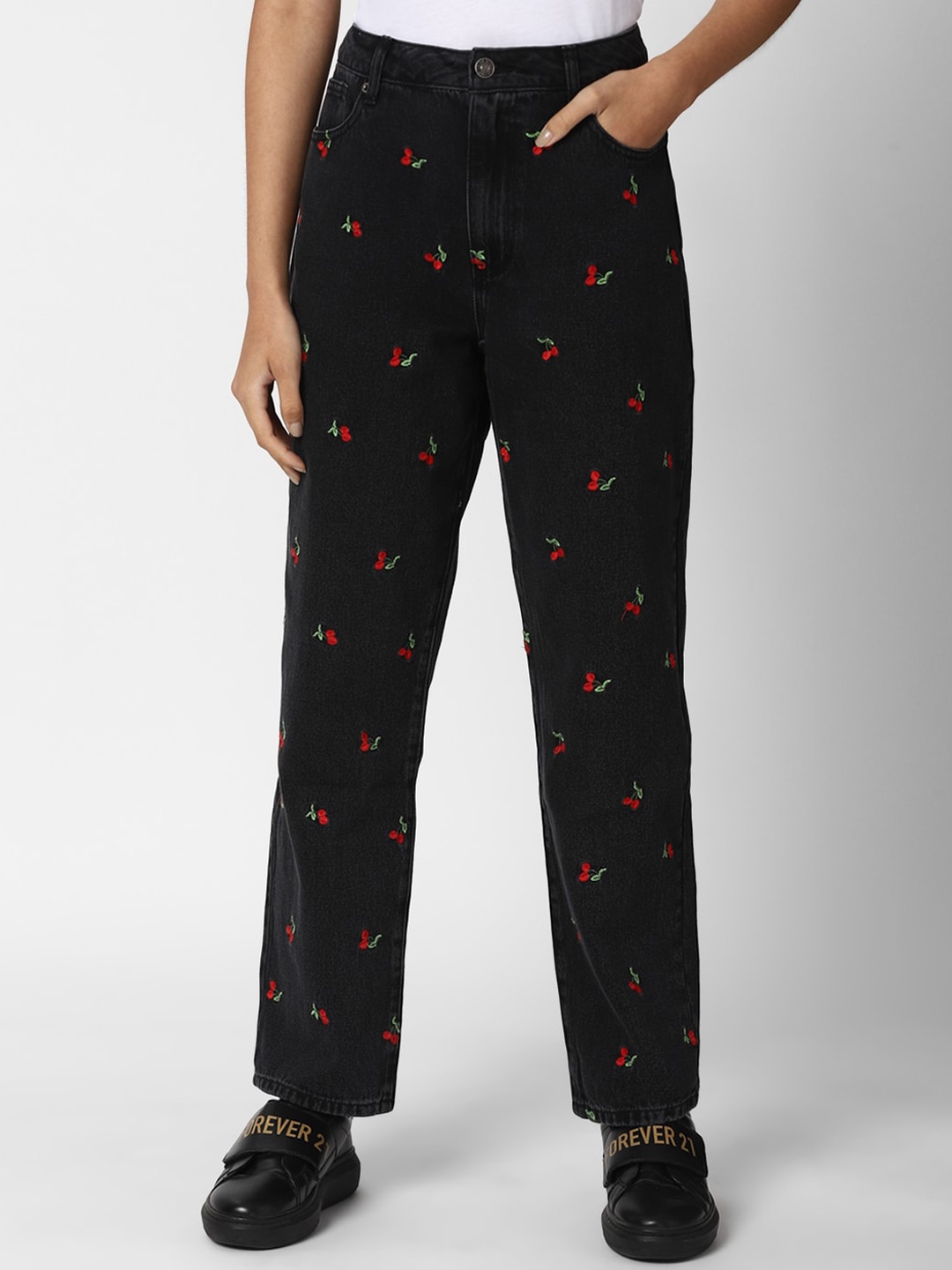 

FOREVER 21 Women Black Printed Mid-Rise Jeans