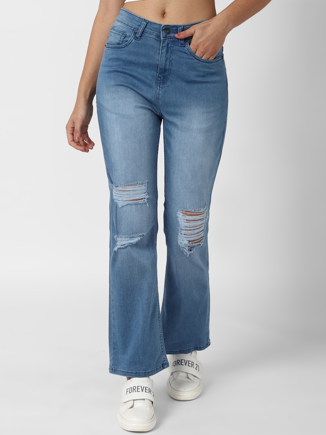 

FOREVER 21 Women Blue Wide Leg Mildly Distressed Light Fade Stretchable Jeans