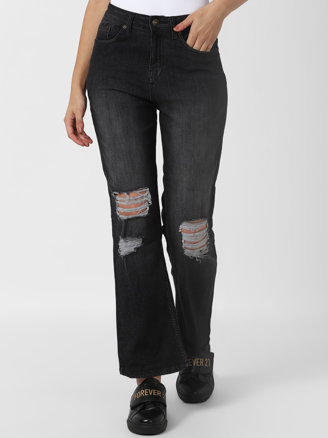 

FOREVER 21 Women Black Wide Leg Mildly Distressed Light Fade Jeans