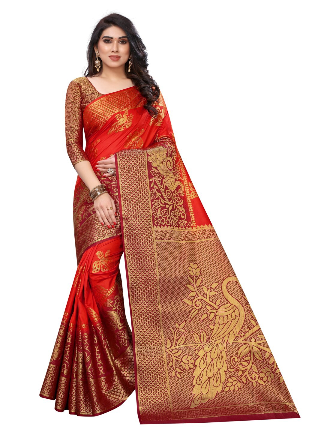 

PERFECT WEAR Rust & Maroon Woven Design Zari Silk Cotton Banarasi Saree