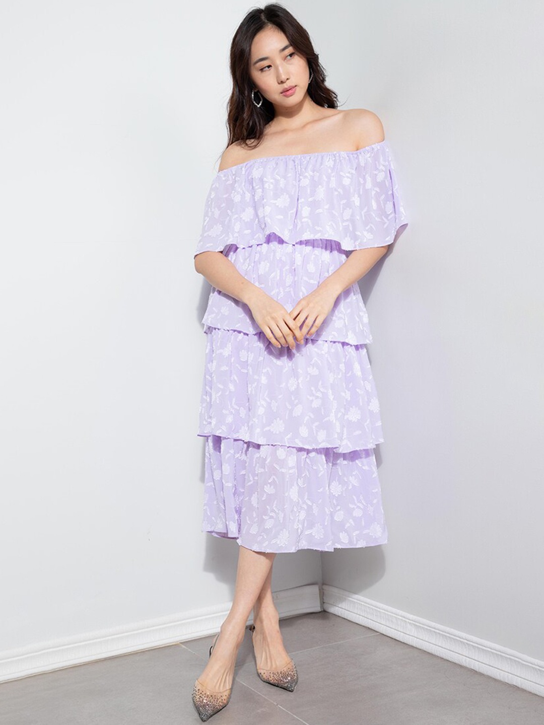 

ZALORA OCCASION Women Purple Floral Off-Shoulder Layered Sheath Dress