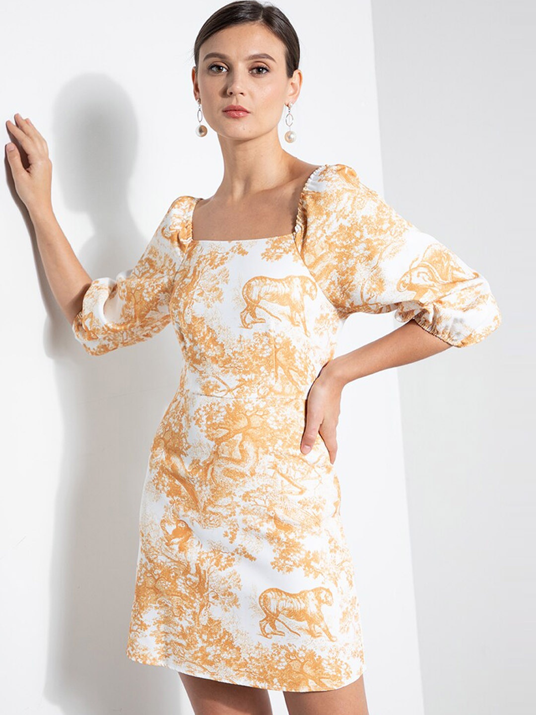 

ZALORA OCCASION White & Yellow Abstract Printed Puff Sleeves Sheath Mini Dress