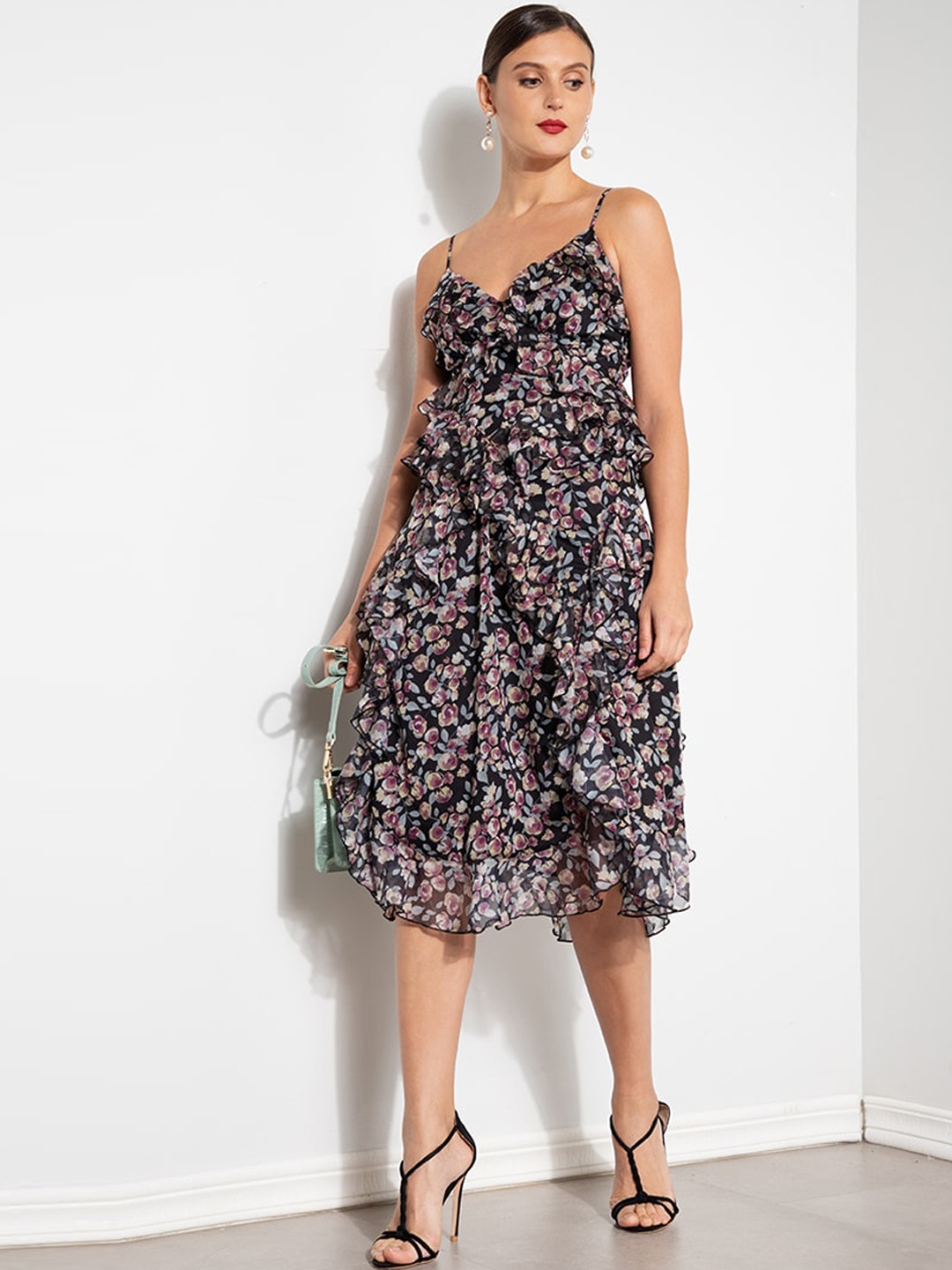 

ZALORA OCCASION Black & Purple Ruffles Floral Dress