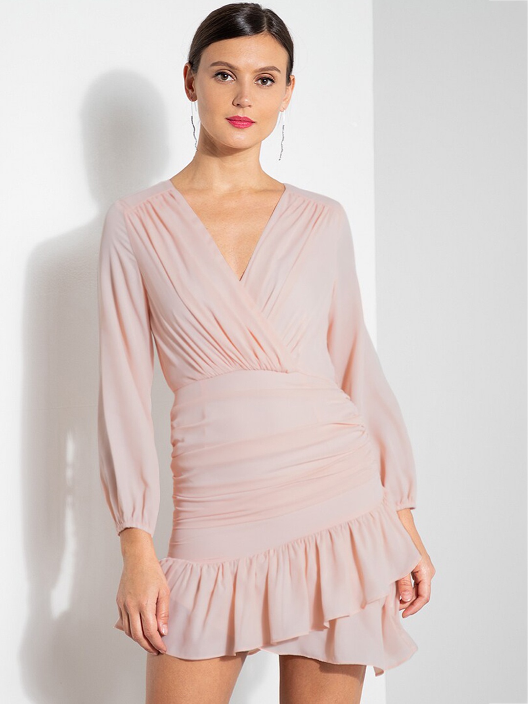 

ZALORA OCCASION Pink Solid Ruffled Wrap Mini Dress