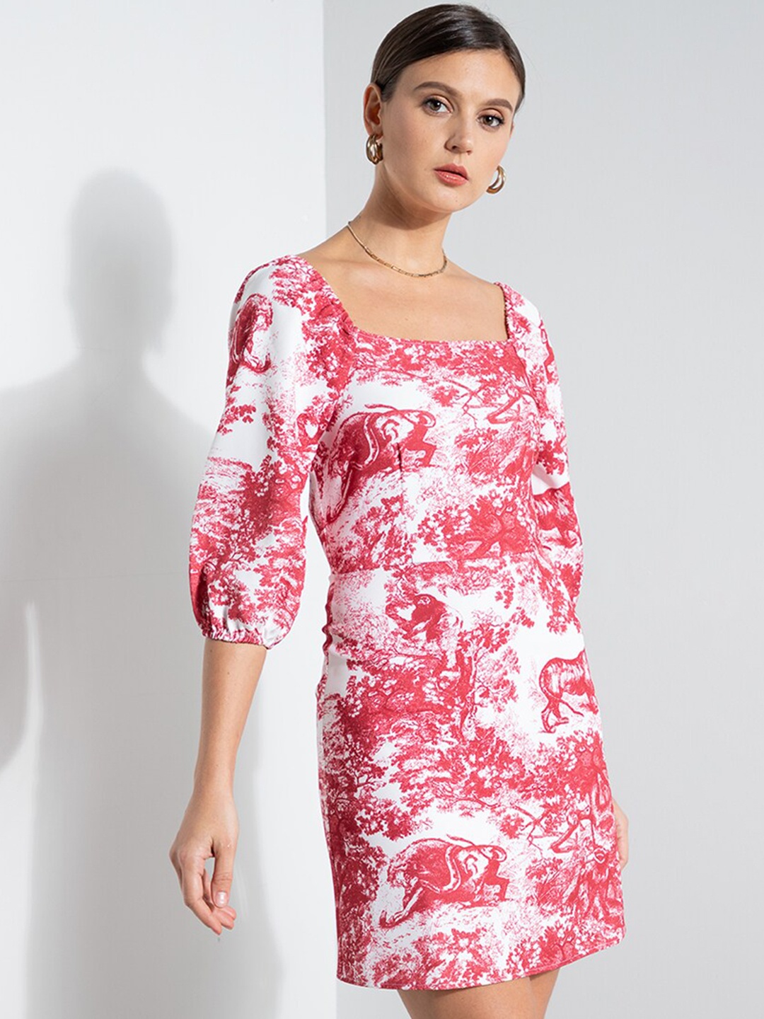 

ZALORA OCCASION White & Pink Square Neck Puff Sleeves Printed A-Line Mini Dress