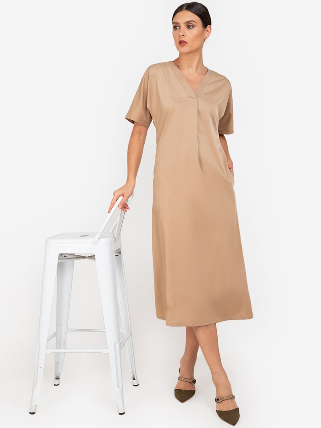 

ZALORA WORK Women Beige Solid A-Line Dress