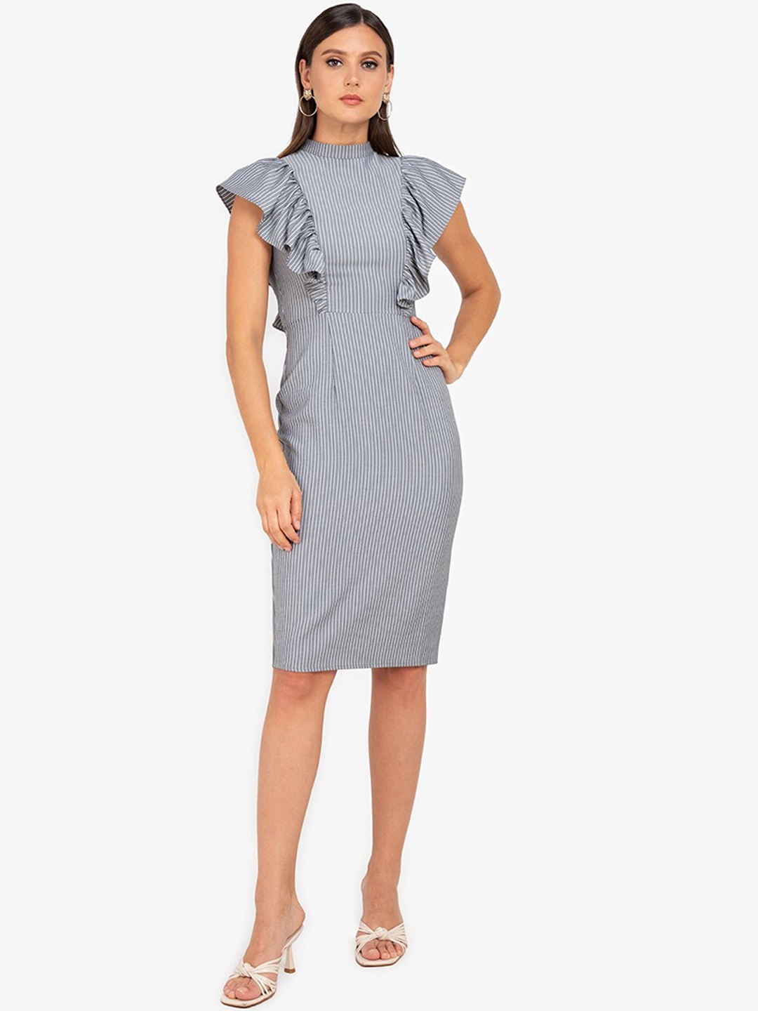 

ZALORA WORK Grey & White Ruffled Striped Maternity Bodycon Dress
