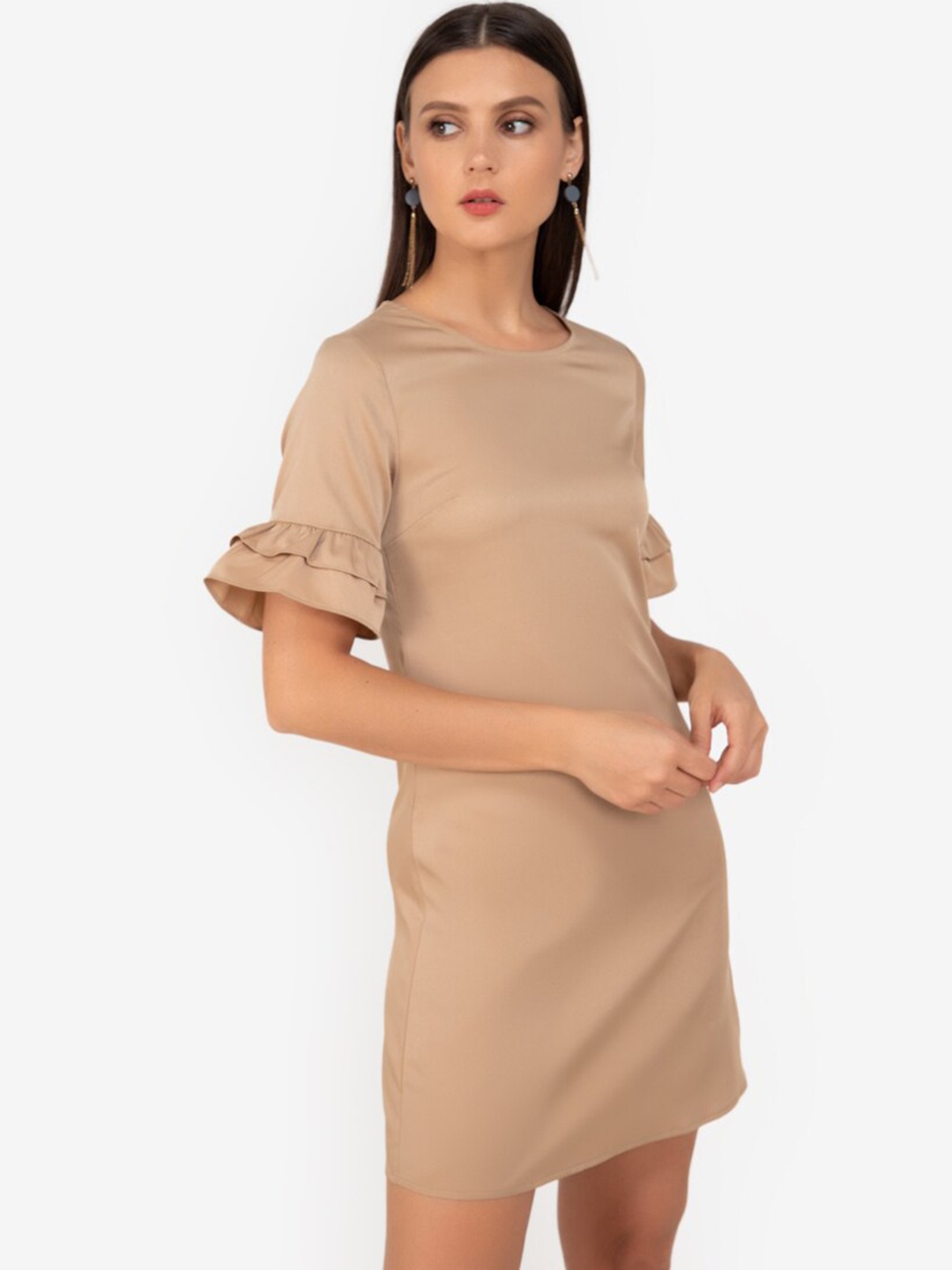 

ZALORA WORK Women Beige Solid Round Neck Sheath Dress