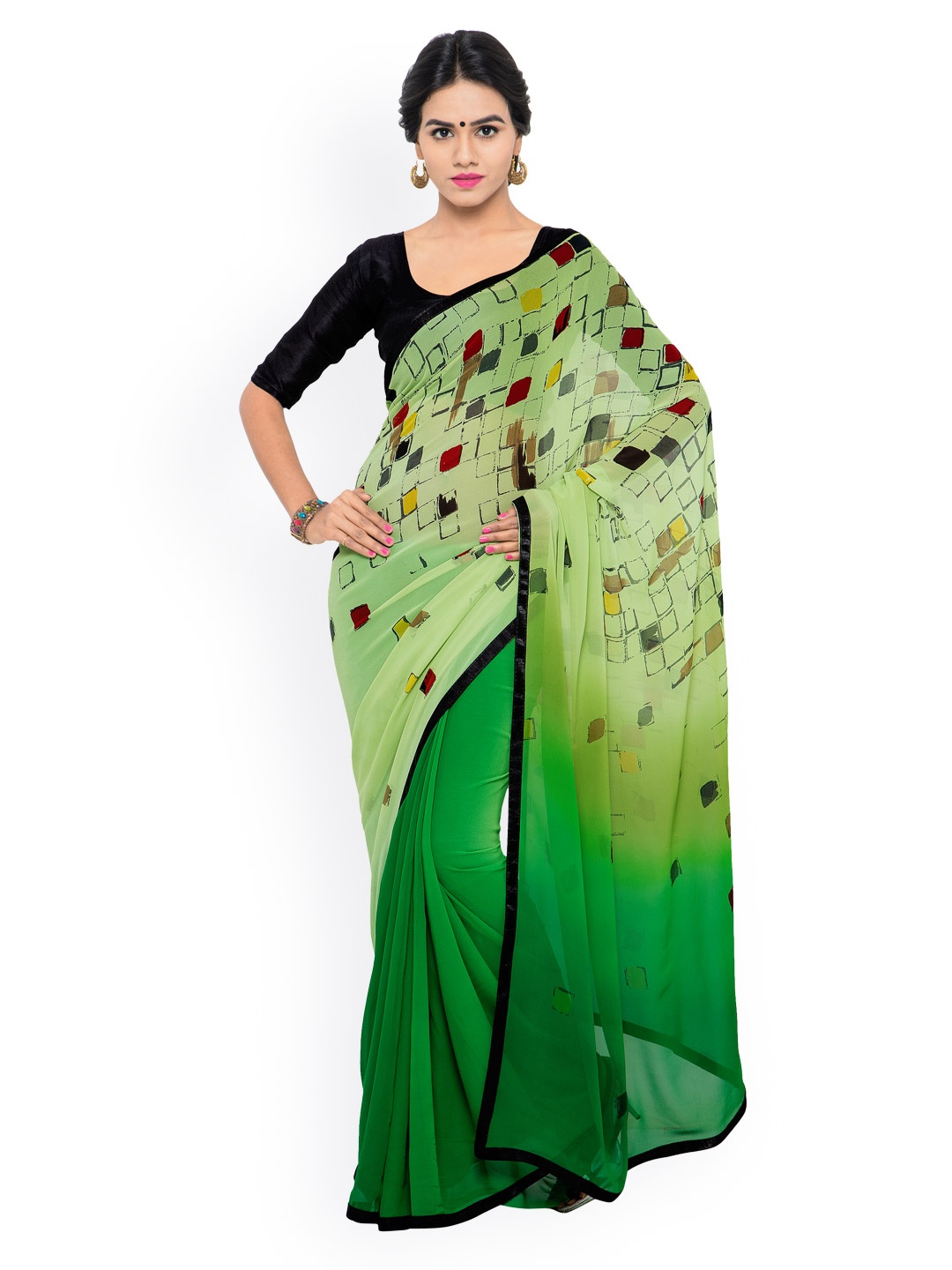 

Shaily Green Ombre-Dyed Georgette & Dupion Printed Saree
