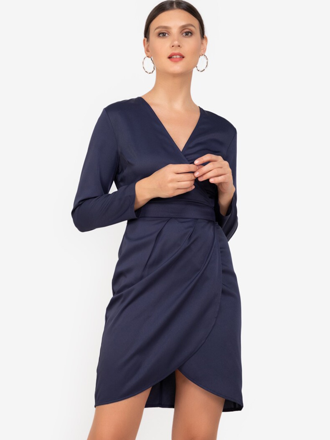

ZALORA WORK Women Navy Blue Solid V-neck Wrap Dress