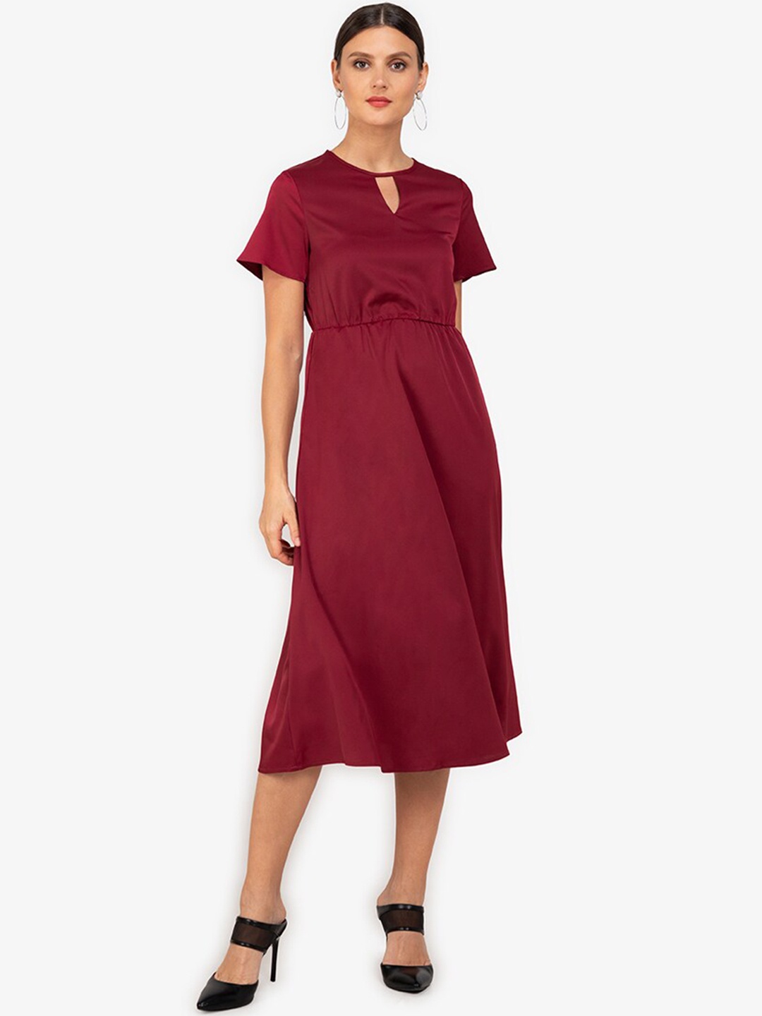

ZALORA WORK Maroon Keyhole Neck Midi Fit & Flare Dress