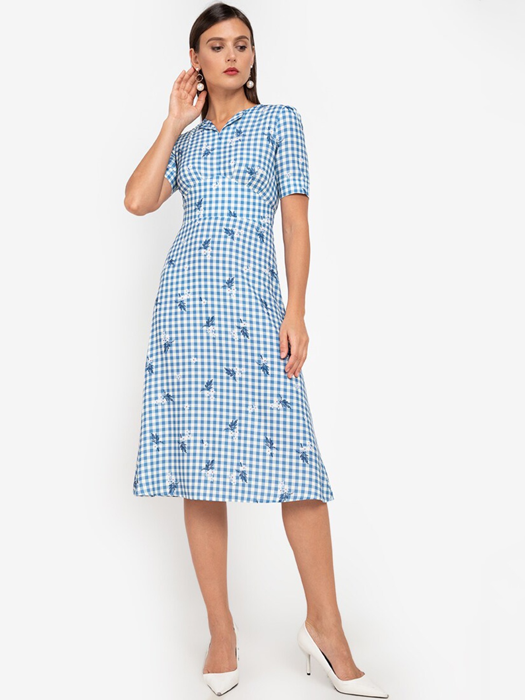 

ZALORA WORK White & Blue Checked Embroidered Sheath Dress