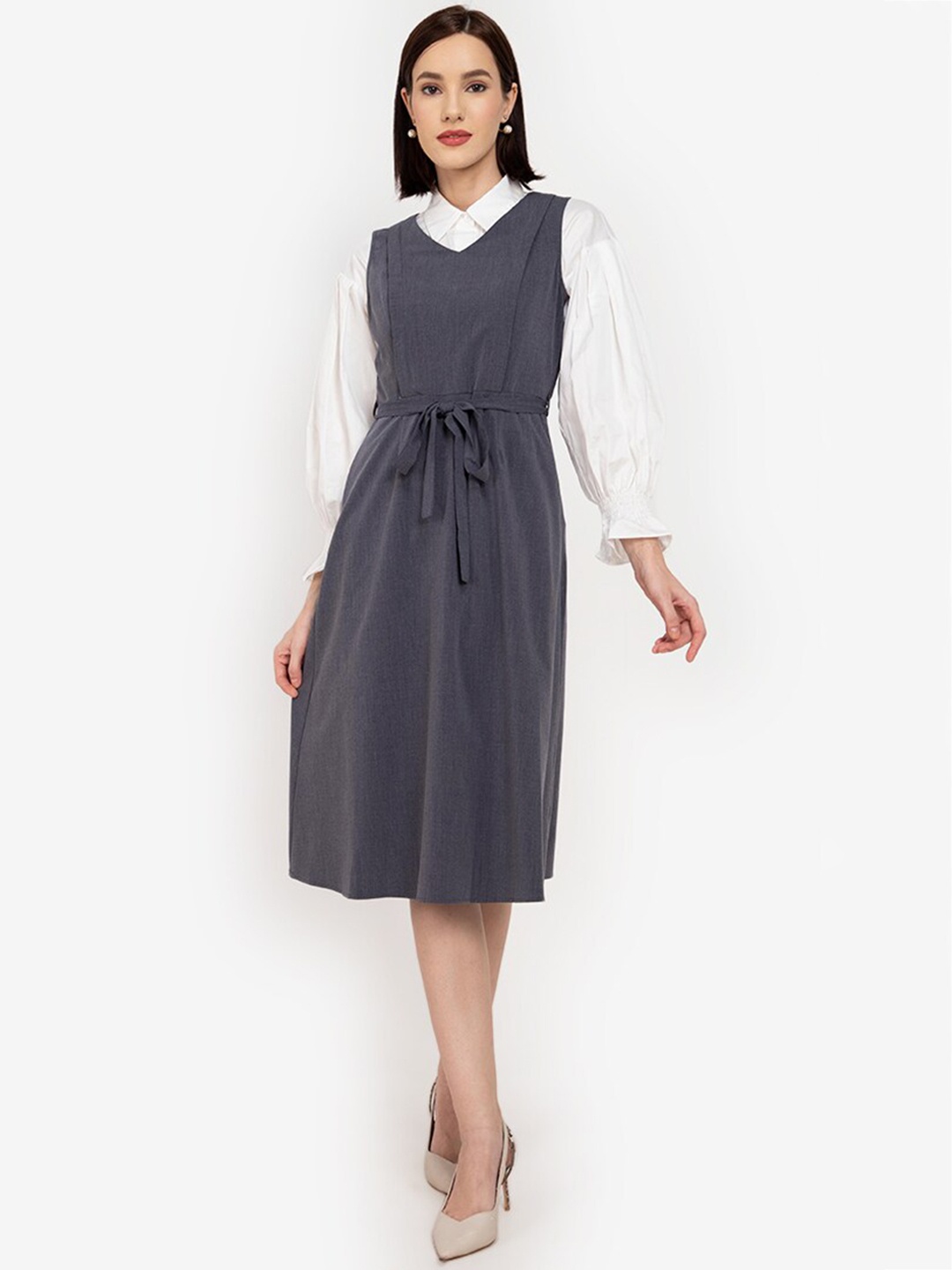 

ZALORA WORK Navy Blue & White A-Line Dress