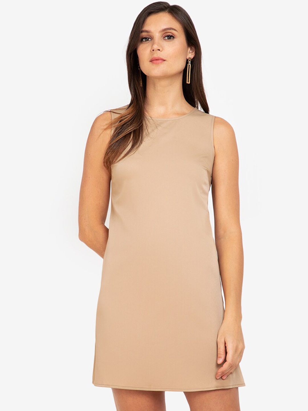 

ZALORA WORK Women Beige Solid Round Neck Sheath Dress