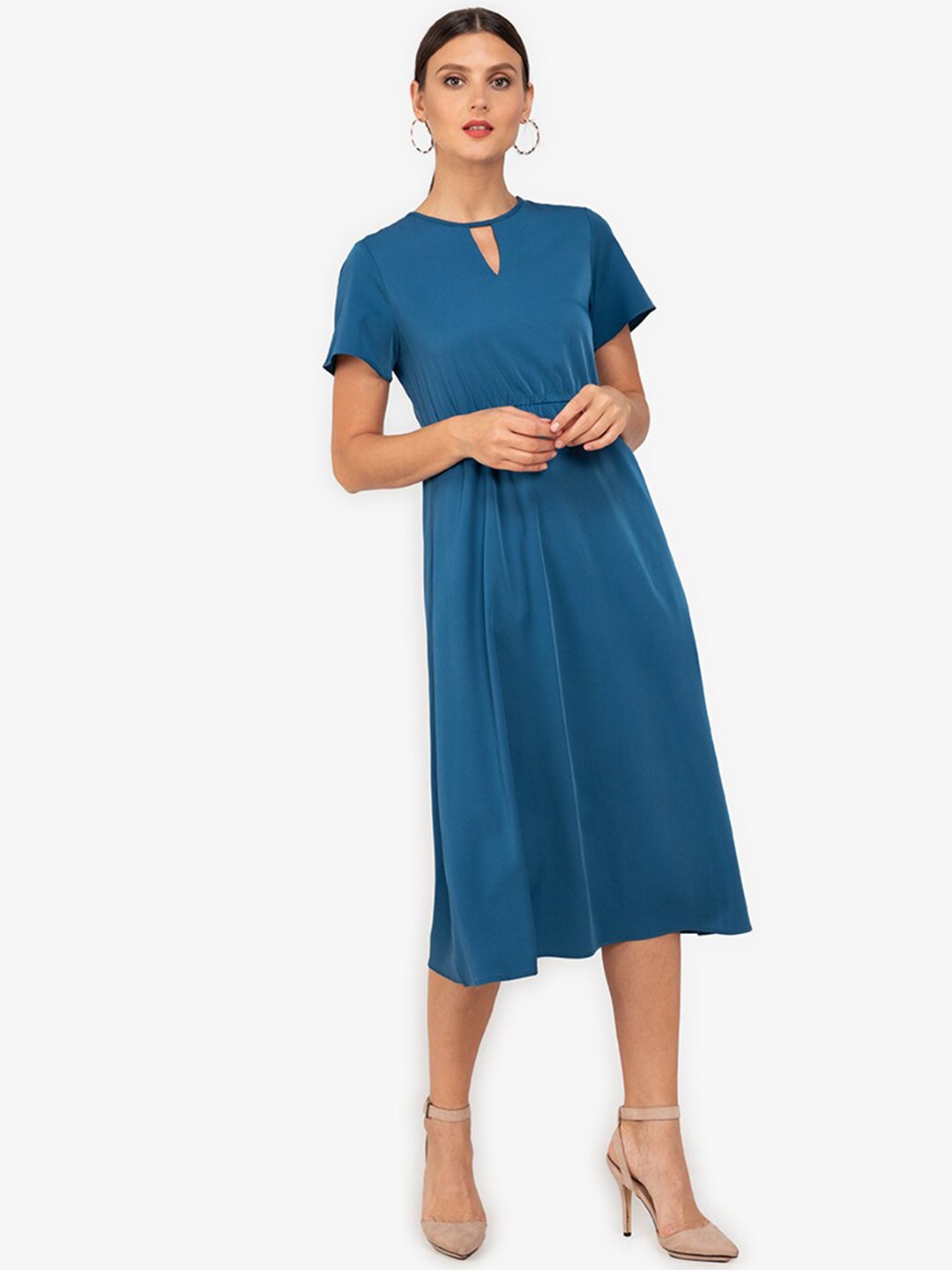 

ZALORA WORK Teal Keyhole Neck Formal Midi Fit & Flare Dress