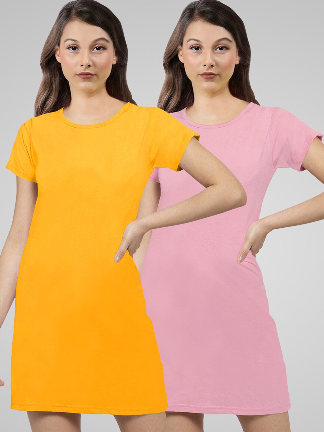

Pootlu Women Pack of 2 Yellow & Pink T-shirt Dress