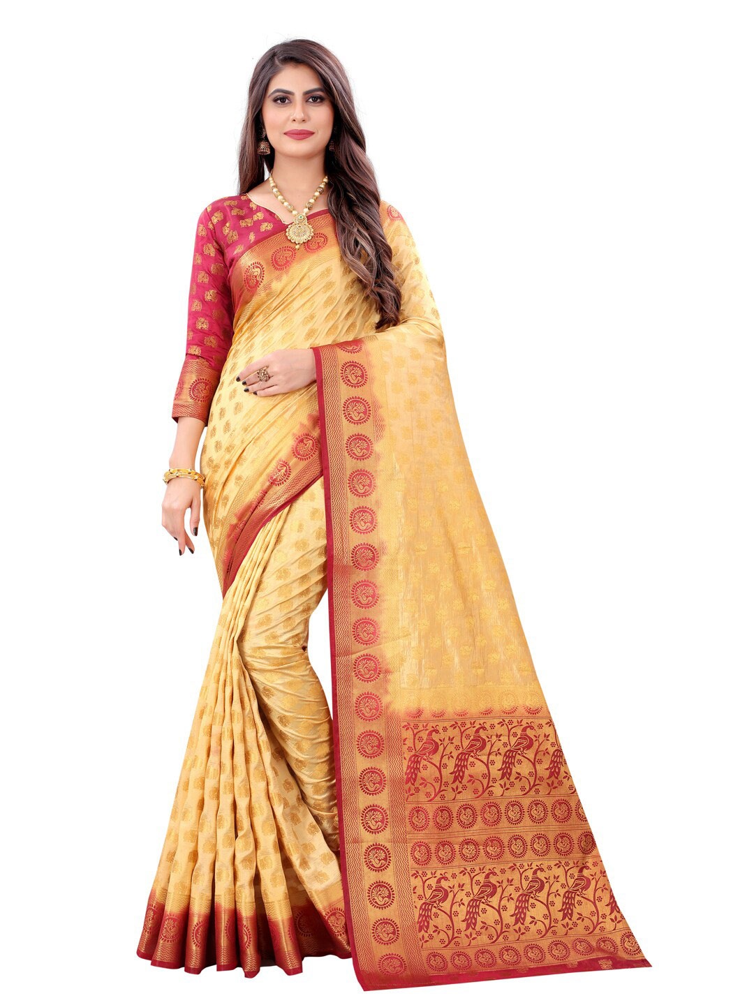 

PERFECT WEAR Cream-Coloured & Maroon Woven Design Zari Silk Cotton Saree