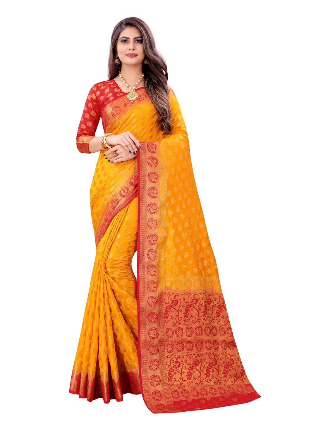 

PERFECT WEAR Mustard & Red Ethnic Motifs Zari Silk Cotton Banarasi Saree