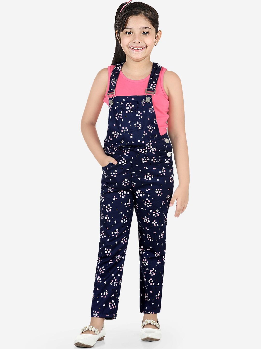 

Naughty Ninos Girls Navy Blue Printed Top with Dungaree