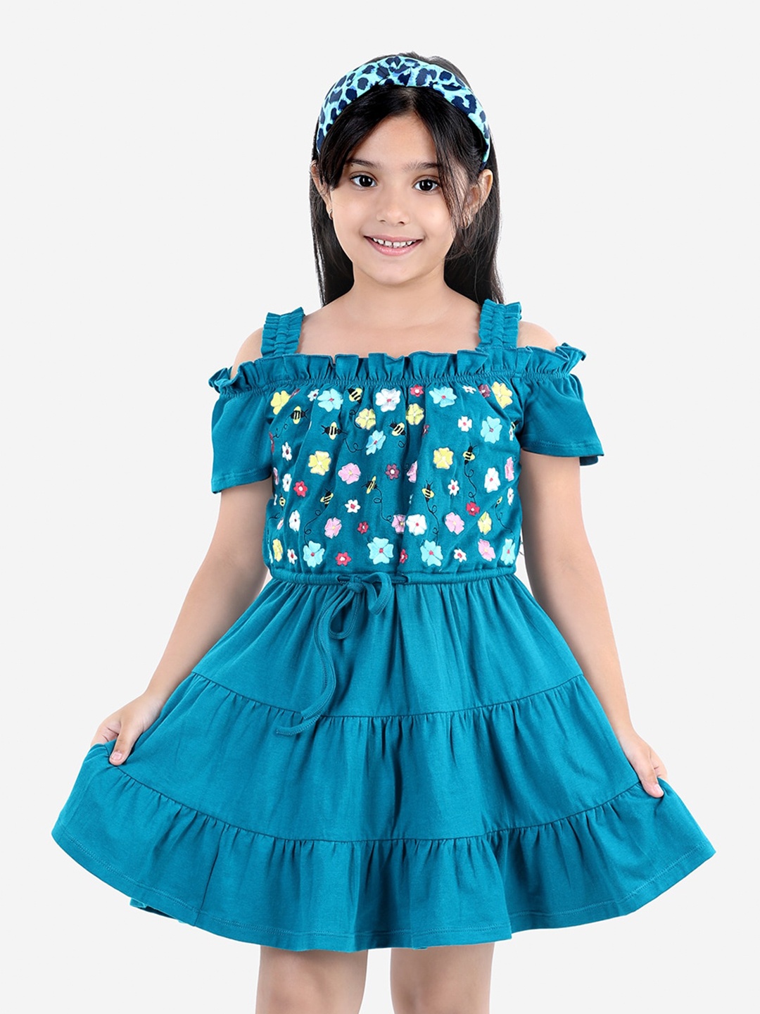

Naughty Ninos Girls Teal Blue Floral Printed Fit & Flared Dress