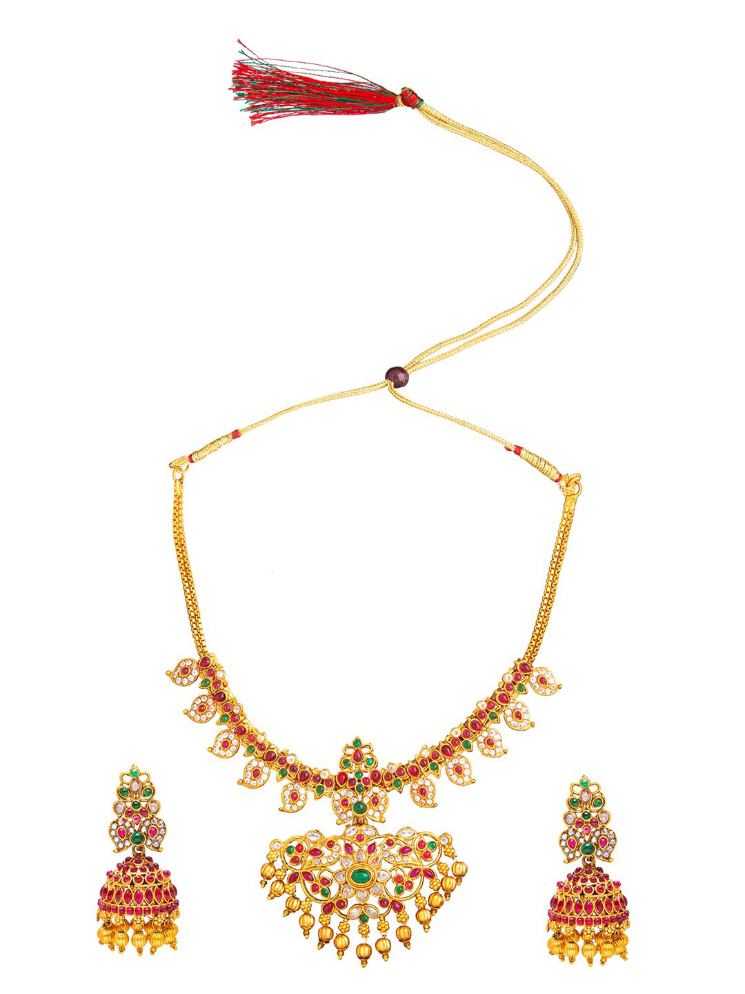 

Shining Jewel - By Shivansh Pink & Green Gold-Plated Temple Long Bridal Necklace Set