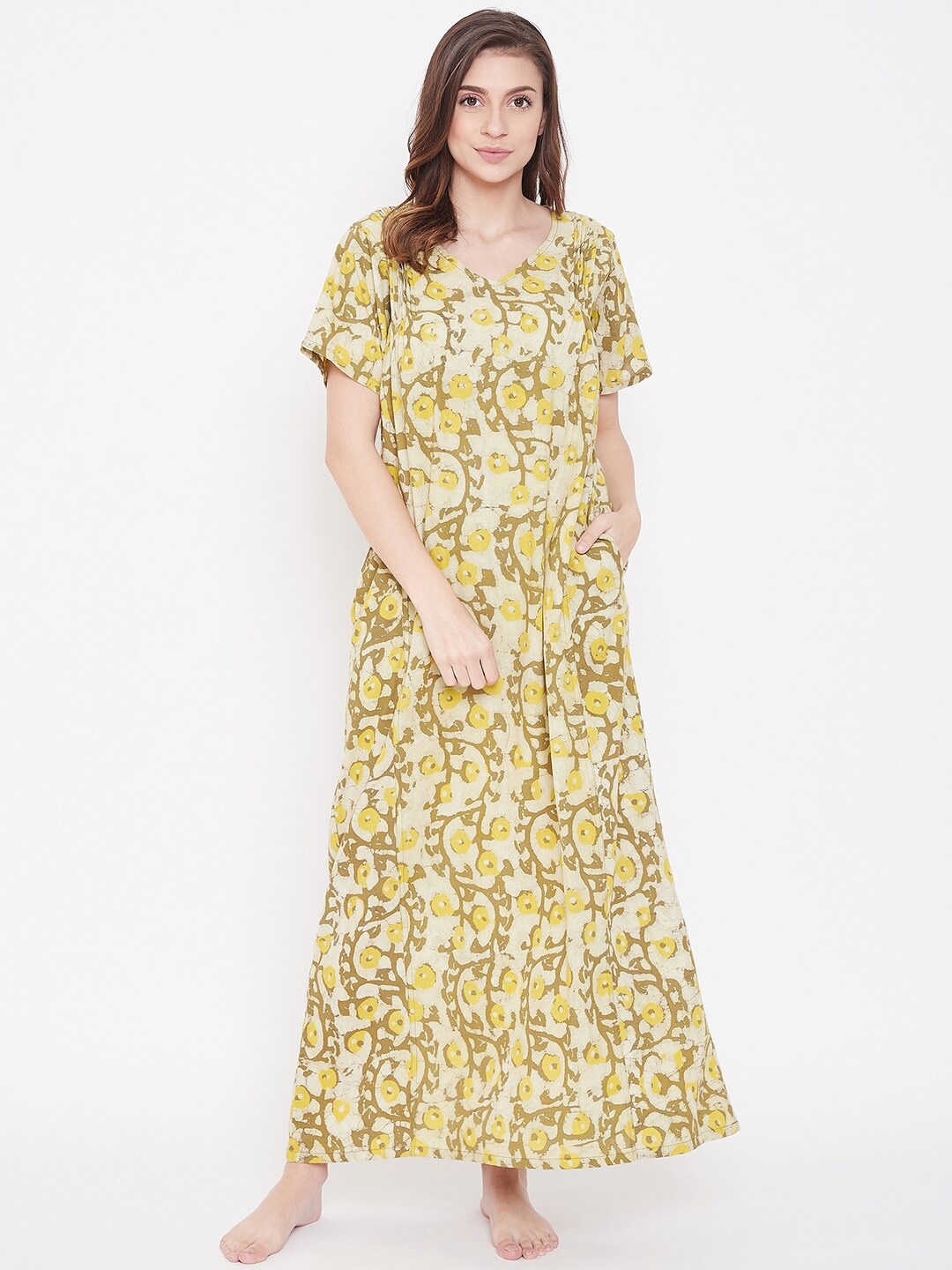 

The Kaftan Company Yellow Printed Pure Cotton Maxi Nightdress