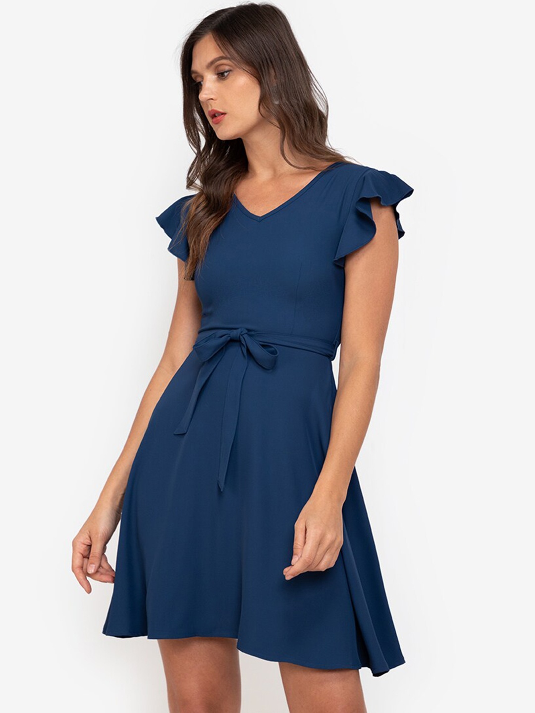 

ZALORA WORK Navy Blue Solid Flutter Sleeves A-Line Mini Dress