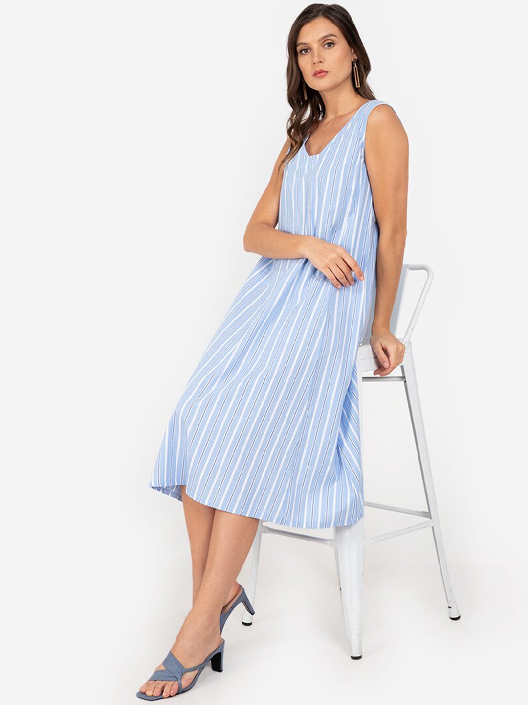 

ZALORA WORK Blue & White Striped A-Line Dress